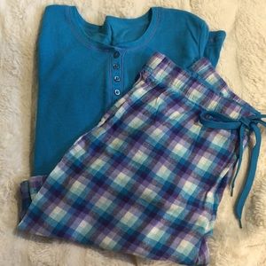 Solid Blue Long Sleeve Shirt With Plaid Pants Pajama Set